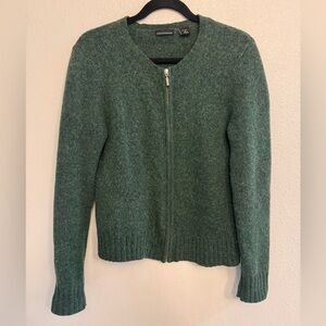 100% Wool Forest Green Sweater Zip Up Moda International Size Medium Vintage